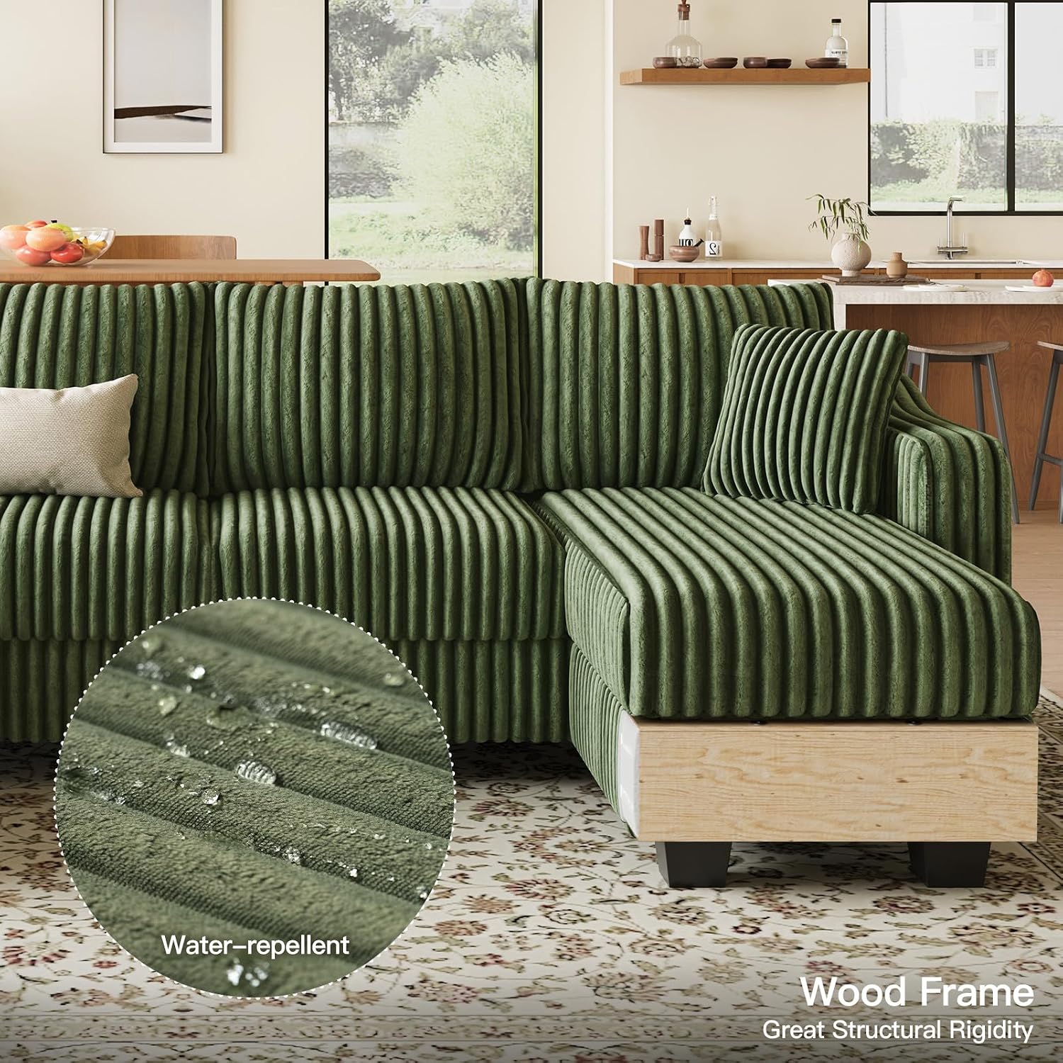 Belffin U Shaped Couch with Reversible Chaises Sectional Couches for Living Room Sectional Couch with Ottomans Corduroy (Green, U Shaped)