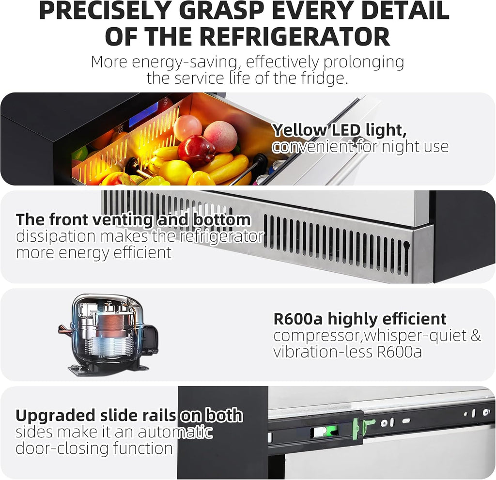 Garvee 24 in Outdoor Drawer Fridge, Counter Double Drawer Beverage Refrigerator, 5.2 Cu.Ft. Weather Proof Stainless Steel Built-in Fridge for Residential Commercial Use Black