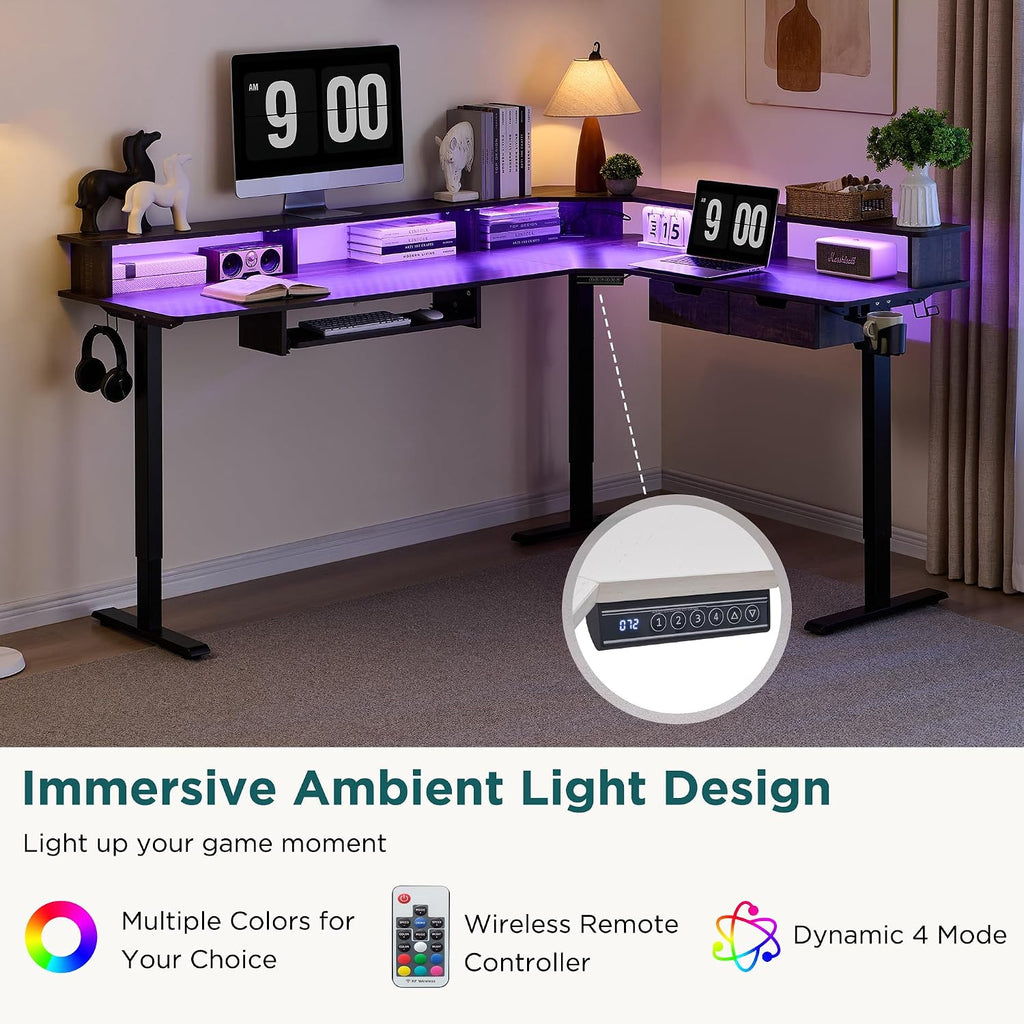 RedLemon 75X60 Inches L Shaped Electric Standing Desk,Height Adjustable Corner Gaming Desk with Drawers, Keyboard Tray, Power Outlets & LED Lights, Computer Desk with Monitor Shelf, Dark Rustic Oak
