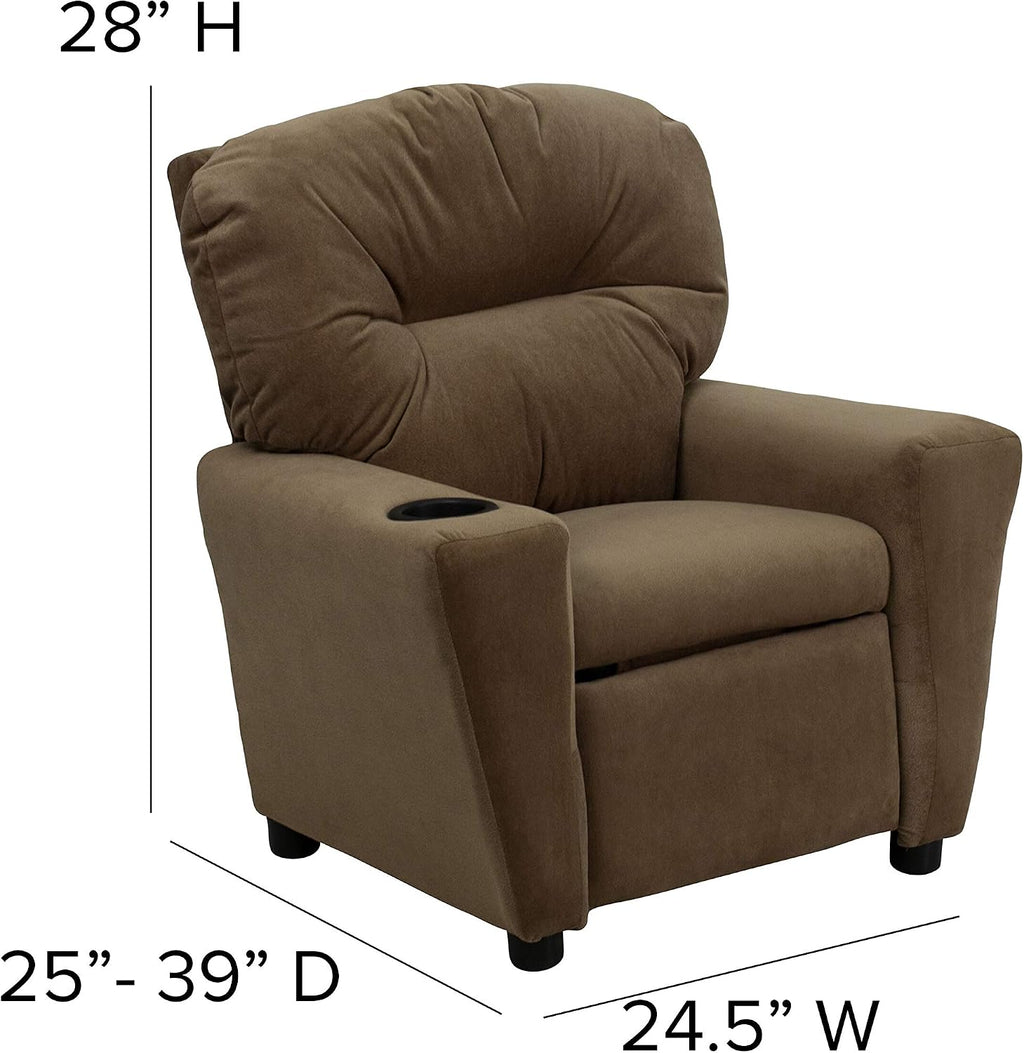 EMMA + OLIVER Brown Microfiber Kids Recliner with Cup Holder