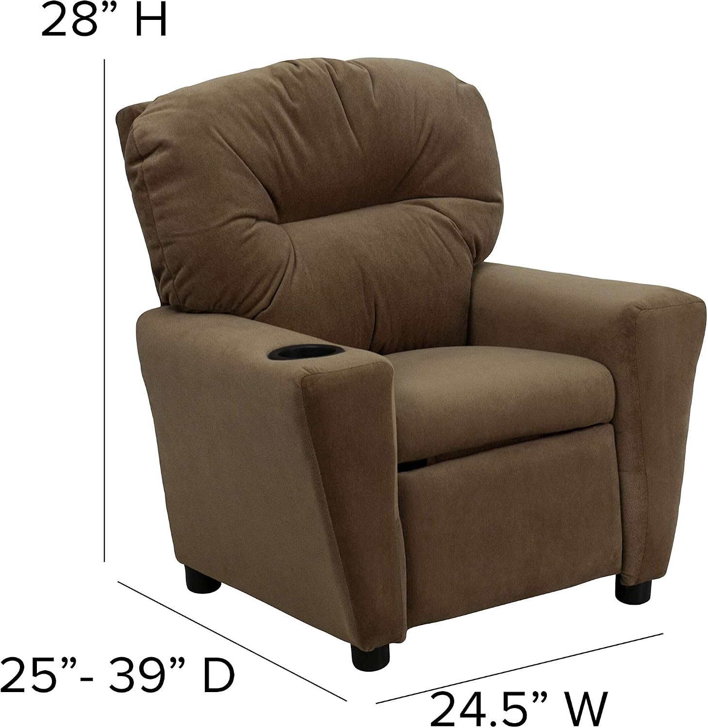 EMMA + OLIVER Brown Microfiber Kids Recliner with Cup Holder