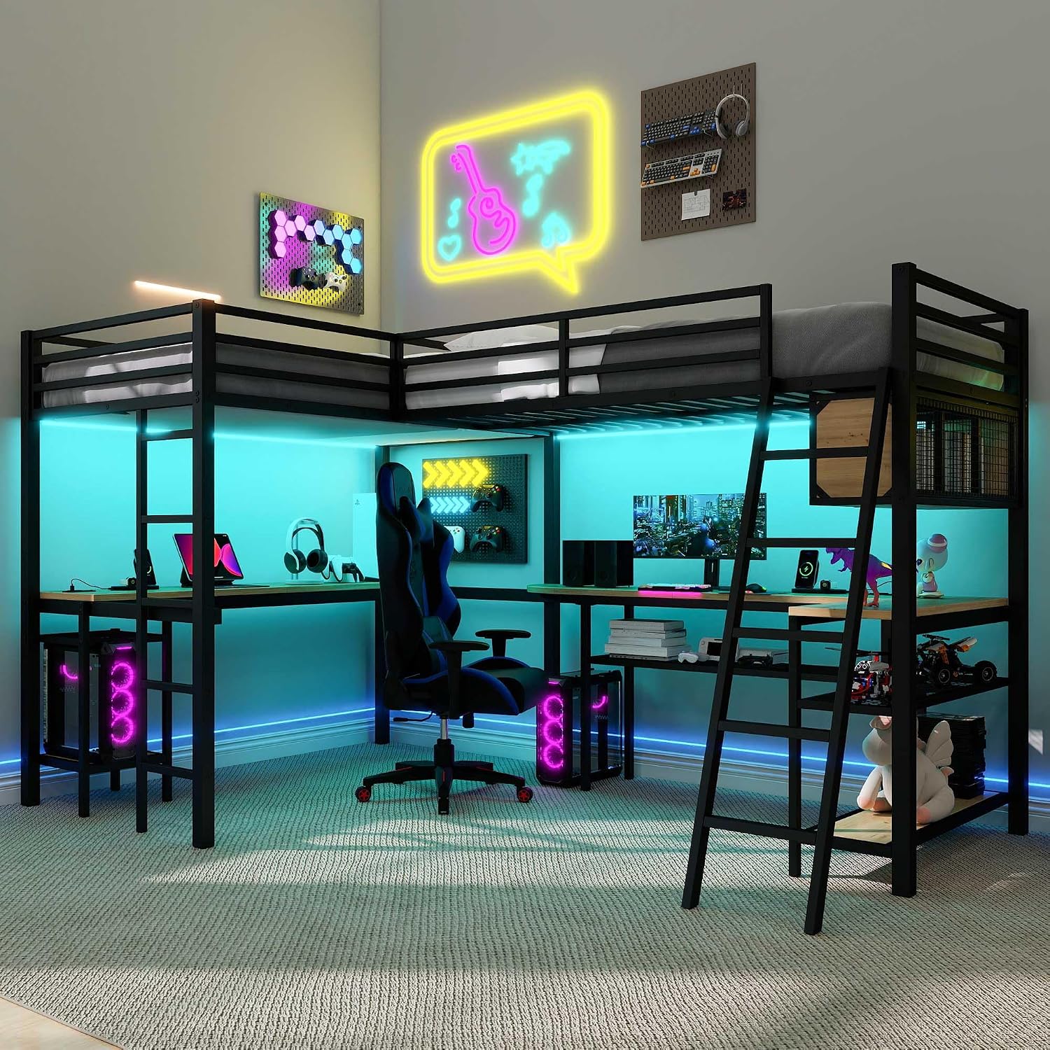 L-Shaped Loft Bed Twin Size with 2 Built-in Desks and Storage Shelves, Metal Gaming Loft Bed with LED and Charging Station for 2 Kids Teens Boys Girls