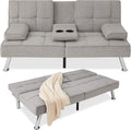 Best Choice Products Linen Modern Folding Futon, Reclining Sofa Bed for Apartment, Dorm w/Removable Armrests, 2 Cupholders - Light Gray