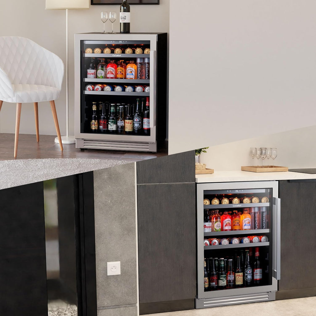 Ca'Lefort Beverage Refrigerator 24 Inch, 180 Cans Mini Fridge with Double Glass Door, Built-in or Freestanding Drink Cooler with Amber LED Light, Beverage Fridge for Kitchen Bar Office(Left-Hinged)