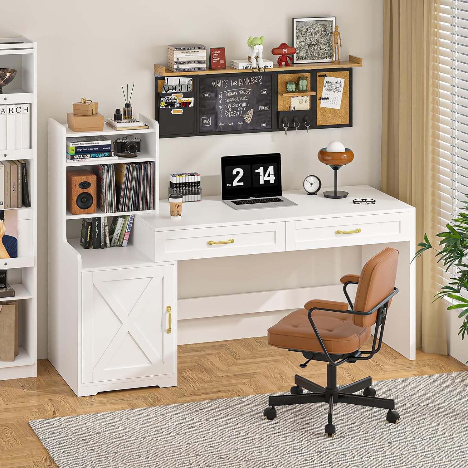 YOMILUVE 60' Computer Desk with Drawers & Bookshelves, Home Office Desk with Storage Cabinet & Spacious Desktop, Writing Gaming Study Table with Bookcase, White