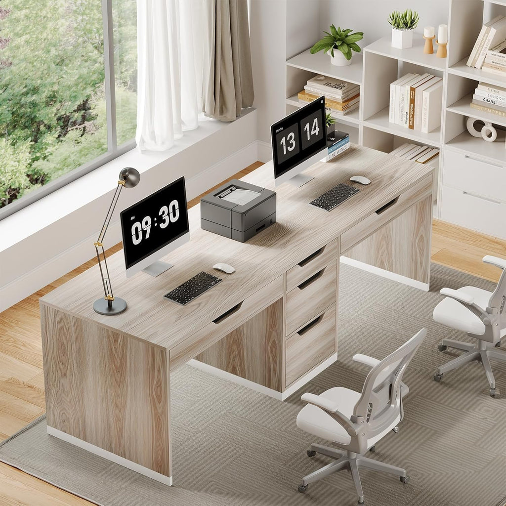 MaverickFurni Two Person Desk with 5 Drawers, Double Desk with Storage for 2 People, 78 Inch Extra Long Computer Desk Workstation with File Drawer for Home Office, White and Walnut