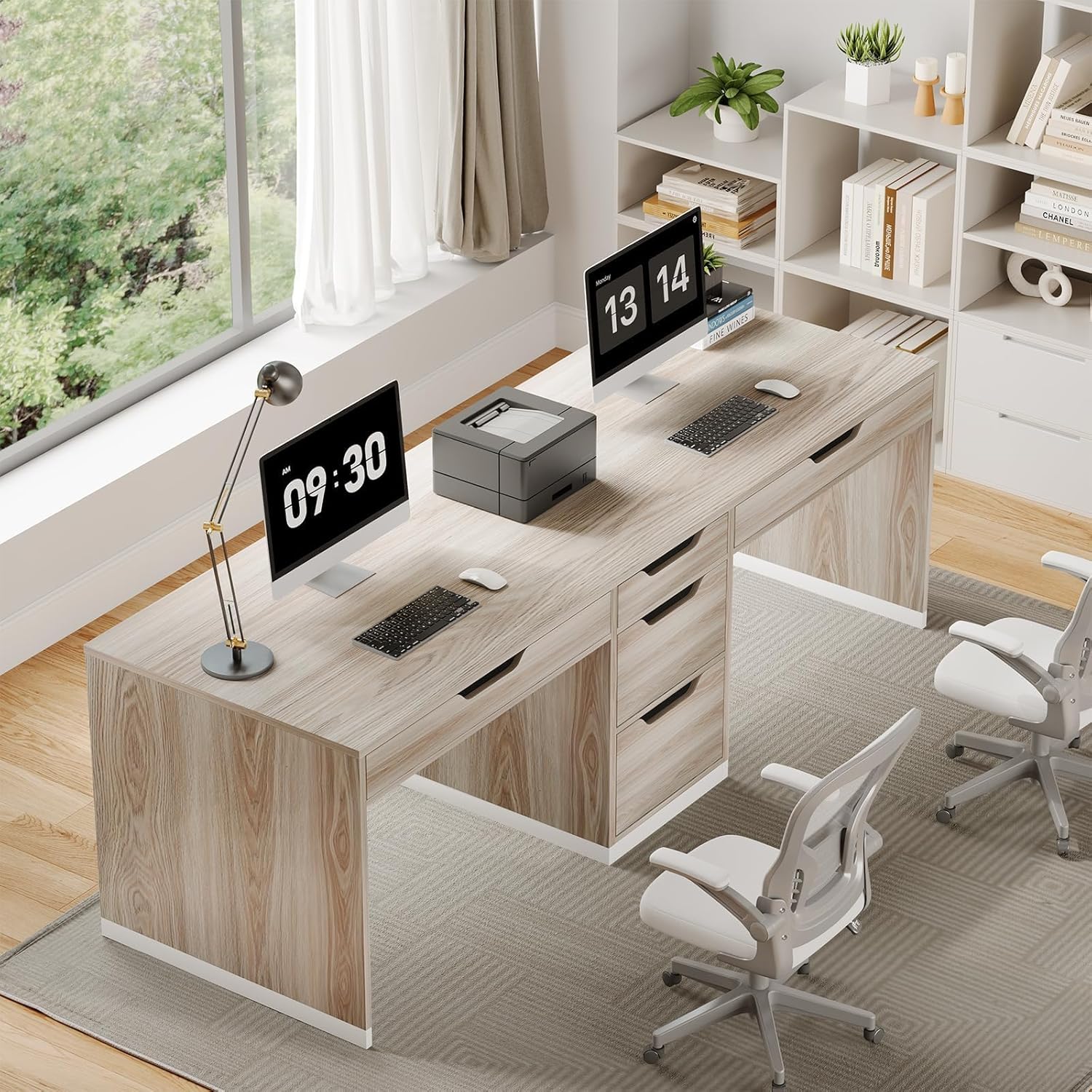 MaverickFurni Two Person Desk with 5 Drawers, Double Desk with Storage for 2 People, 78 Inch Extra Long Computer Desk Workstation with File Drawer for Home Office, White and Walnut