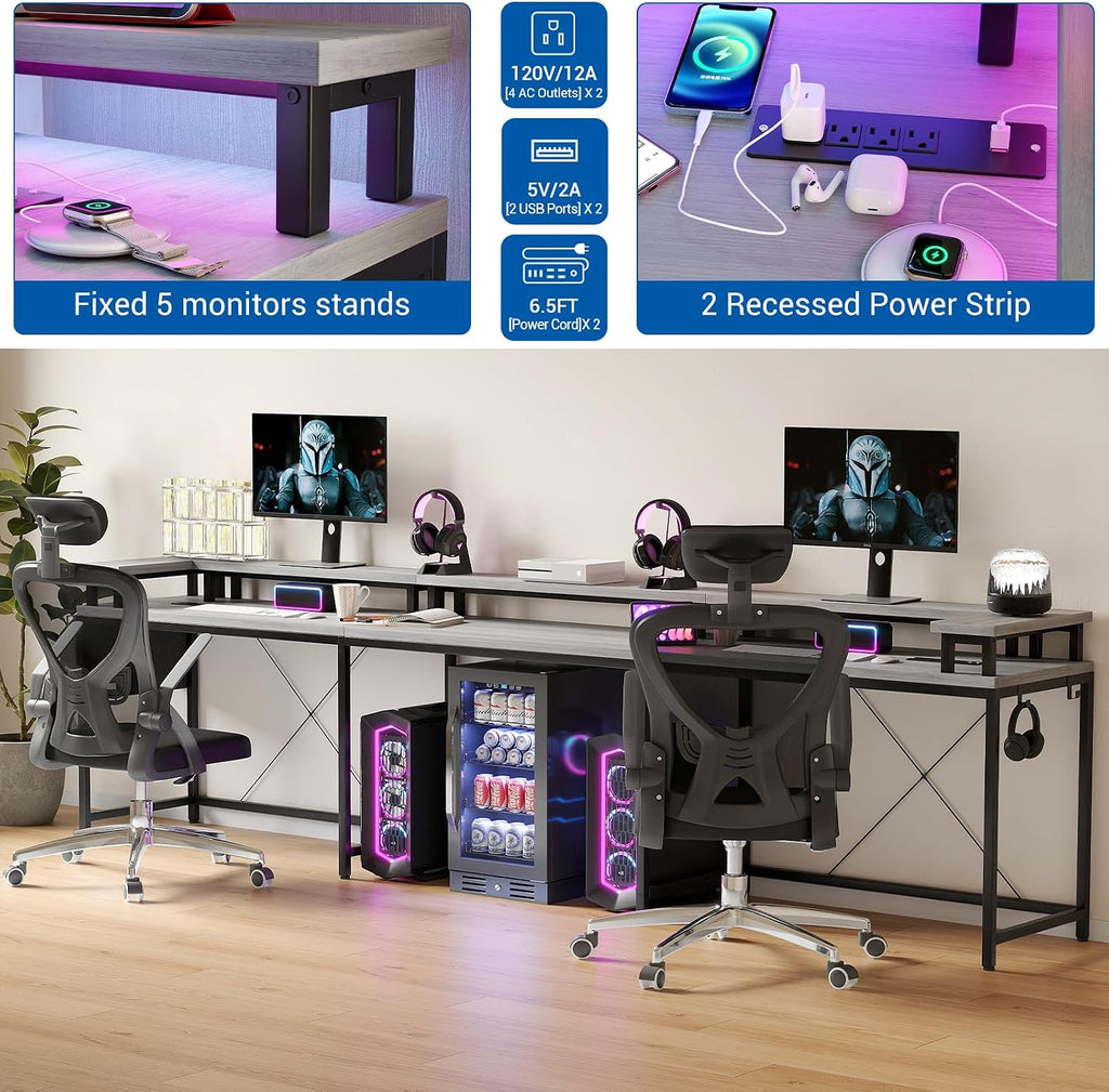 Patikuin U Shaped Desk with Power Outlets, USB Ports & RGB LED Lights, 79 Inch Large Corner Computer Desk with Monitor Stand, Reversible Gaming Desk for Home Office, Ergonomic Workstation (Oak)