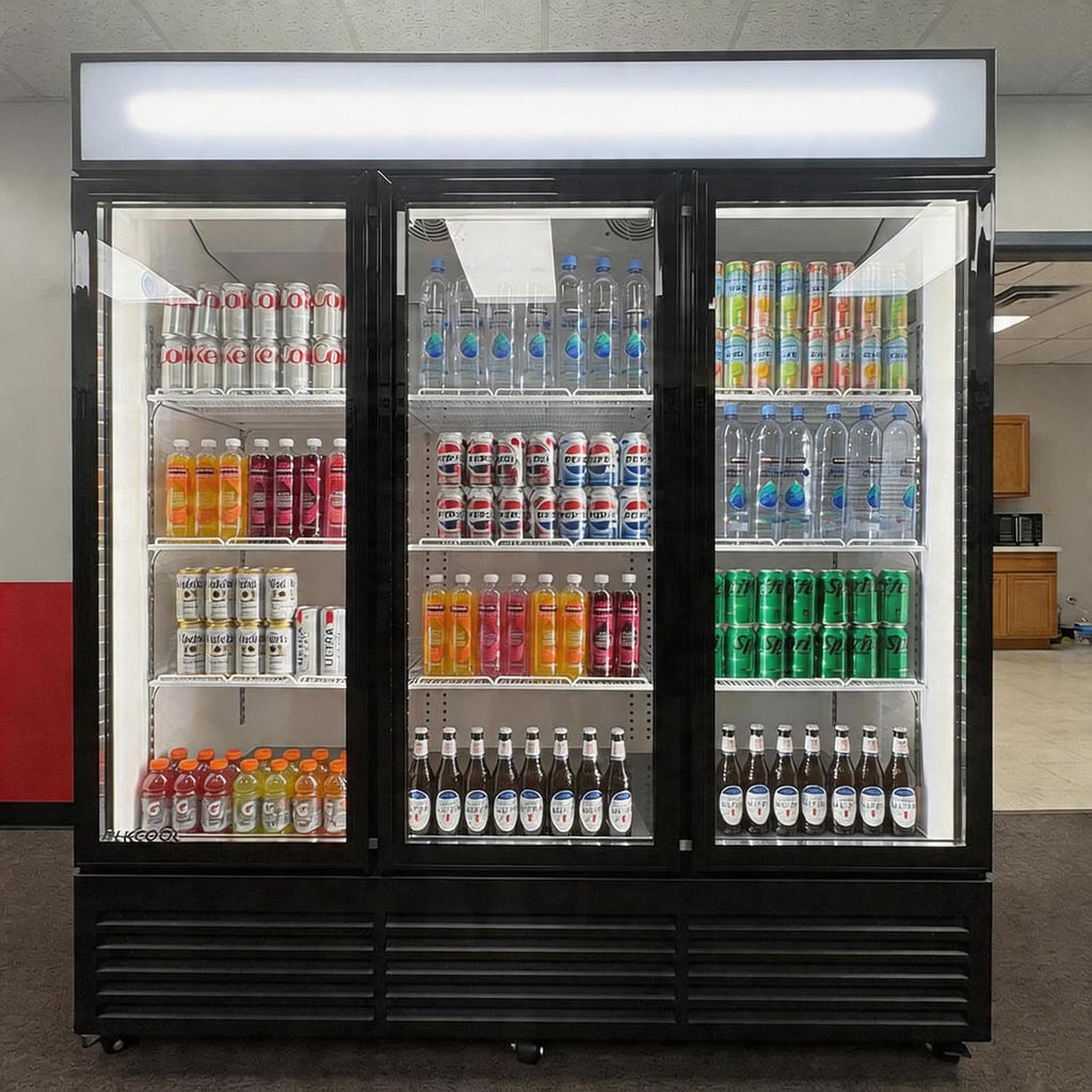 71' Wide Commercial Beverage Refrigerator Display Fridge, Three Glass Door Merchandiser Drink Cooler With LED Light 9 Adjustable Shelves,ETL Sanitation,63.5 Cu Ft,BLACK,Wheels Included