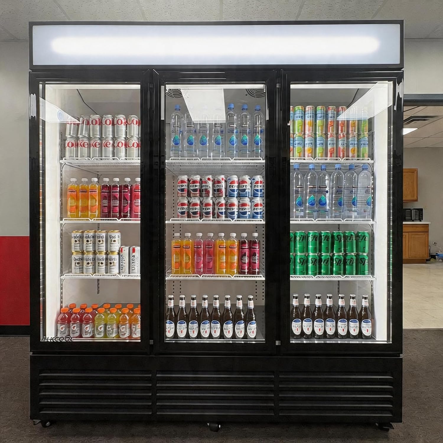 71' Wide Commercial Beverage Refrigerator Display Fridge, Three Glass Door Merchandiser Drink Cooler With LED Light 9 Adjustable Shelves,ETL Sanitation,63.5 Cu Ft,BLACK,Wheels Included
