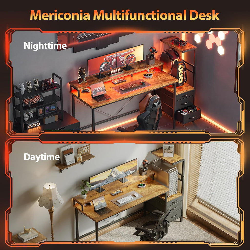 Mericonia Gaming Desk with Power Outlets & LED Lights, Reversible Computer Desk with PC Case Stand, Fabric Drawers, Modern Office Desk with Shelves, Monitor Stand