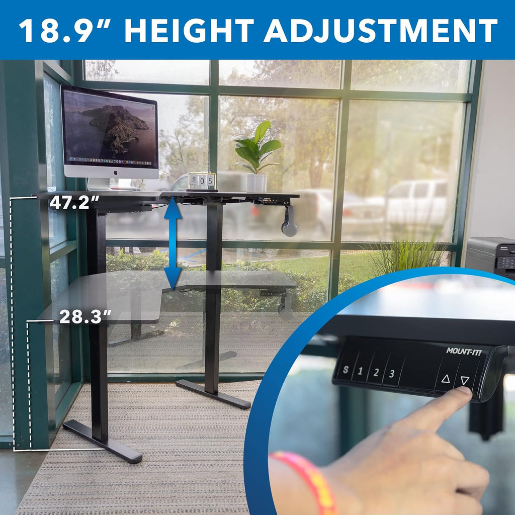 Mount-It! Electric L-Shaped Standing Desk, Dual Motor Height Adjustable Corner Sit-Stand Workstation for Small Spaces, Digital LED Control Panel with 3 Memory Presets, 176 lb Capacity, Black