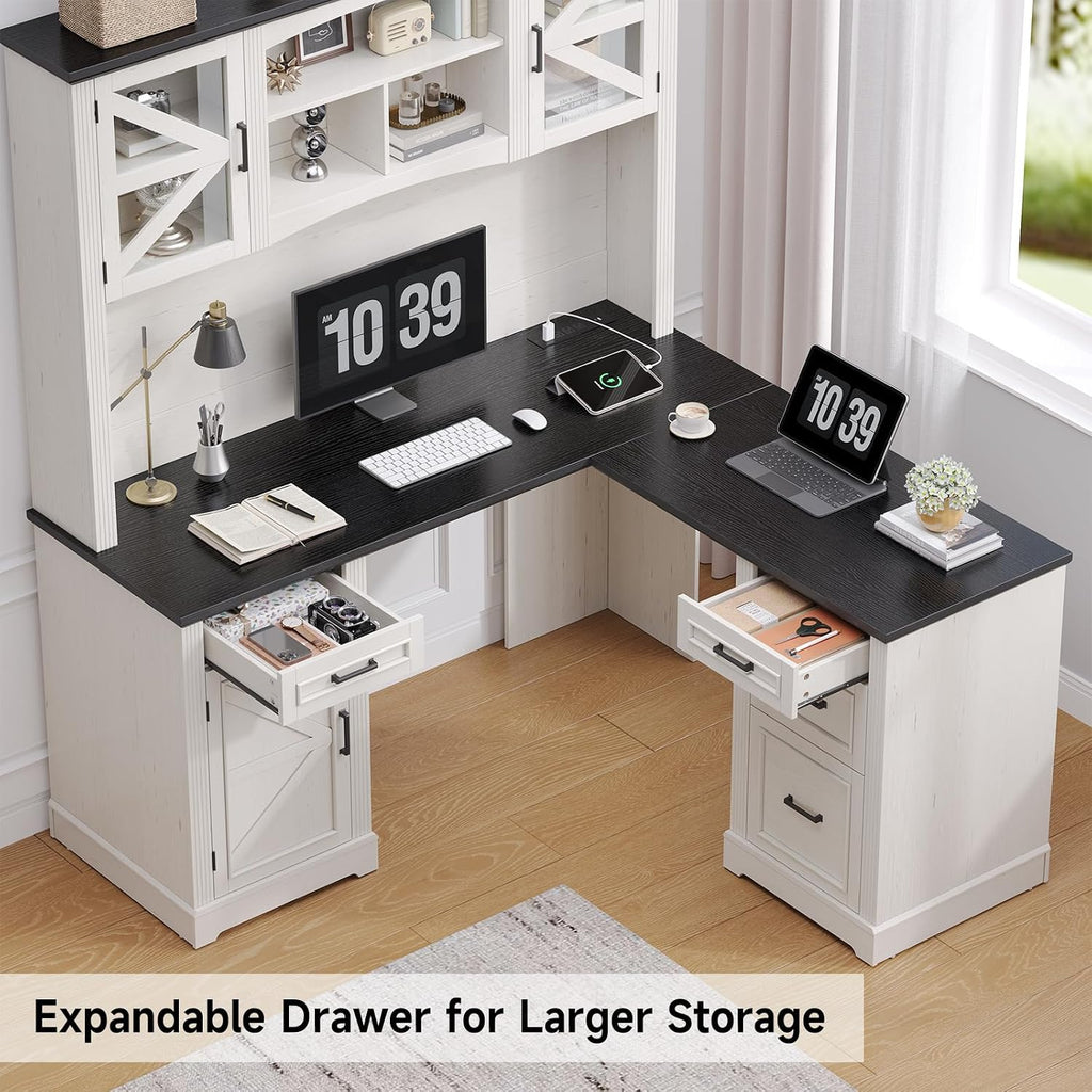 ONBRILL 72' L-Shaped Executive Desk with Hutch, Farmhouse L-Shaped Computer Desk with 4 Drawers, File Drawer and Power Outlet, Home Office Computer Desk for Living Room,Study Room (Off White& Black)