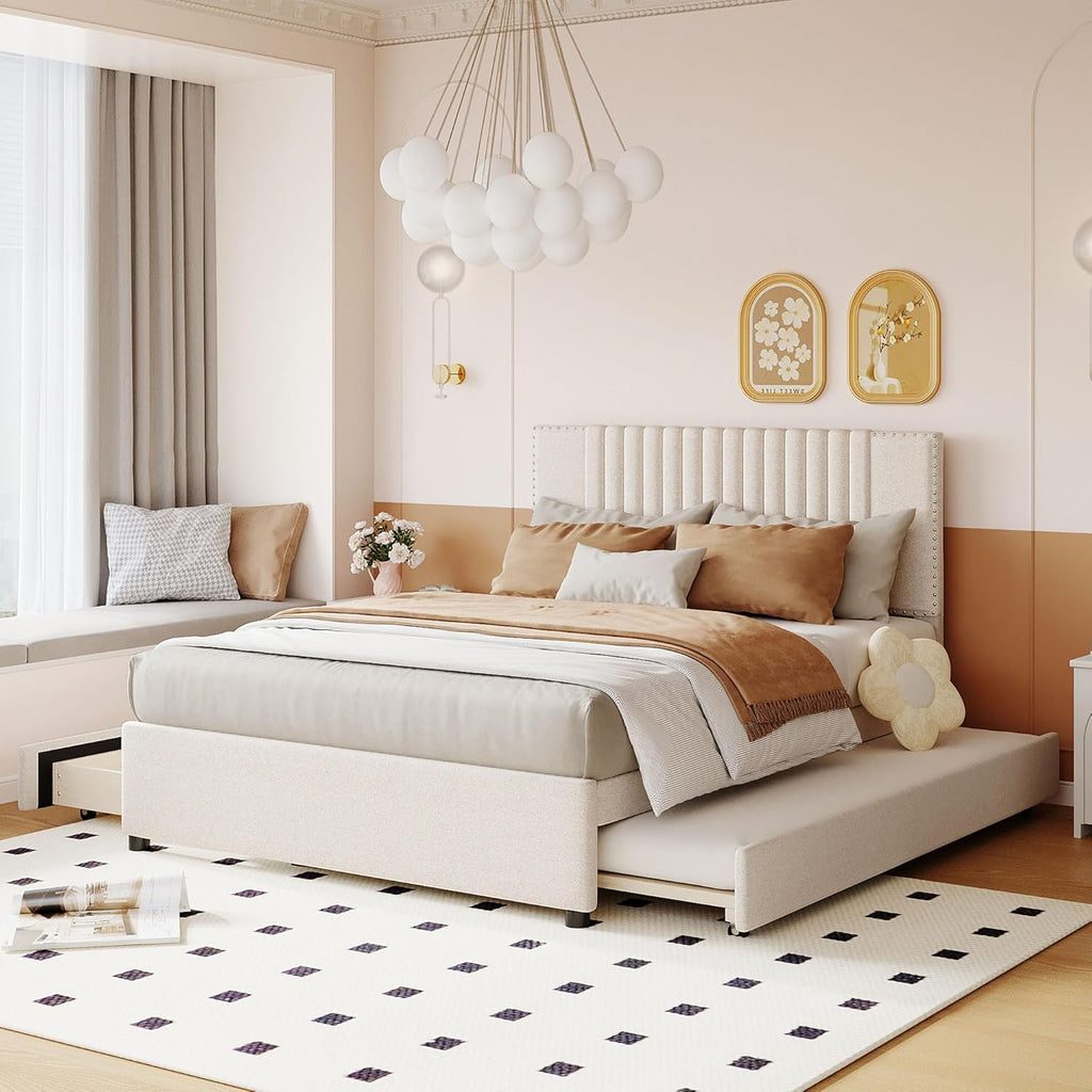 DNYN Full Size Upholstered Platform Bed with Trundle(Twin) & 2 Drawers for Kids Bedroom,Wooden Linen Fabric Bedframe w/Storage & Classic Heardboard,No Box Spring Needed, Beige