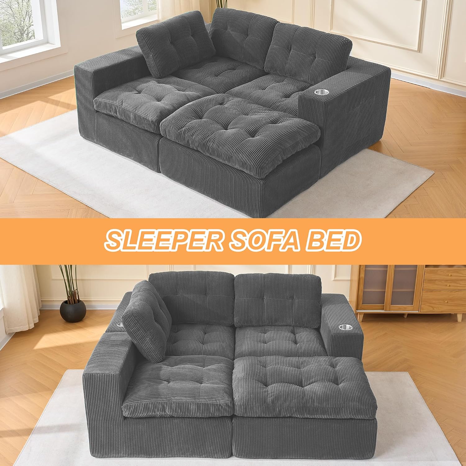 108 inch L Shaped Modular Sofa Bed, 50' Deep Seat Corduroy Boneless Sectional Couch with Ottoman No Assembly, 1400lbs Capacity Cloud Sleeper for Living Room Apartment (Dark Gray)