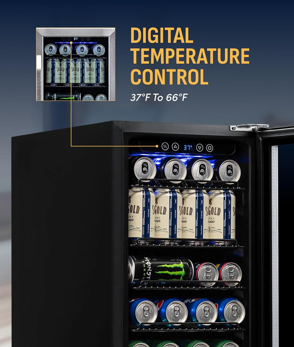 NewAir 96 Can Built-In Beverage Refrigerator | 15' Small Mini Fridge for Bedroom, Home Bar or Office | Quiet Cooling & Precise Temperature Control | Stainless Steel