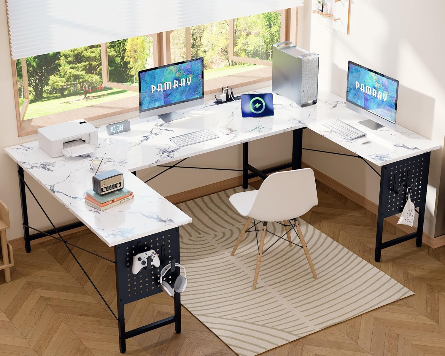 Pamray 71 Inch Large Computer Desk with Power Outlets,U Shaped Corner Desk for Home Office Work and Gaming Marble
