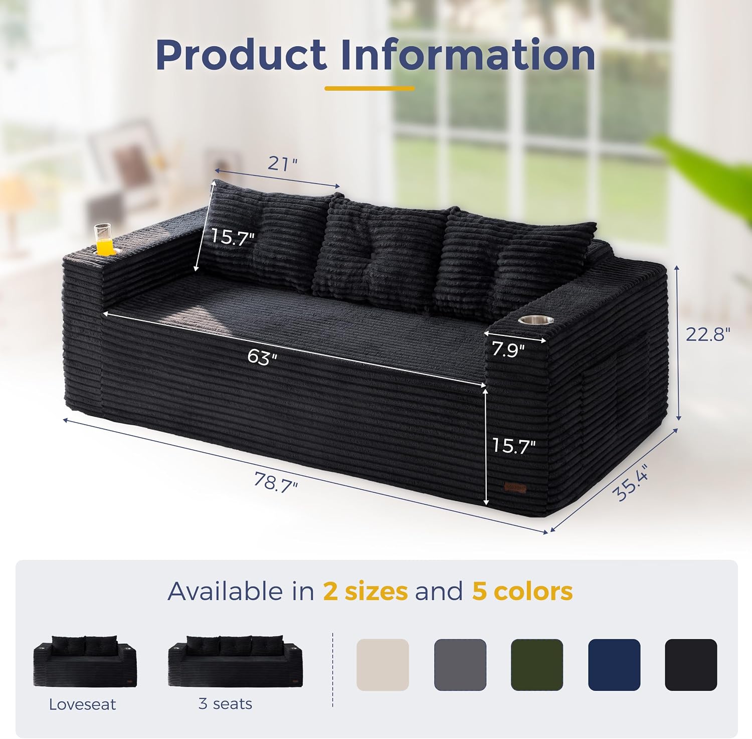 MAXYOYO 79' Oversized Boneless Loveseat Sofa Couch for Small Spaces, Mini Love Seat Floor Couch with Cup Holders and Pillows, 3-Seater Upholstered Cloud Couch for Bedroom, No Assembly Required