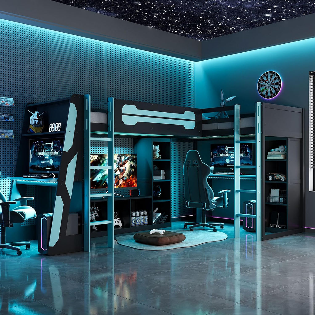 Merax Twin Size Gaming Loft Bed with Desk, TV Stand and Storage Shelves, Solid Wood Dual Twin Bed Frame with RGB LED Lights & USB Ports for Teens Bedroom, Space-Saving Design, Reversible Layout, Blue