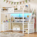 Itaar Stairway Twin Size Loft Bed with L Shaped Desk and Wardrobe, Metal Loft Bed Frame with Stairs, 3 Fabric Drawers, LED Lights & Charging Sation, No Noise & No Box Spring Needed, White