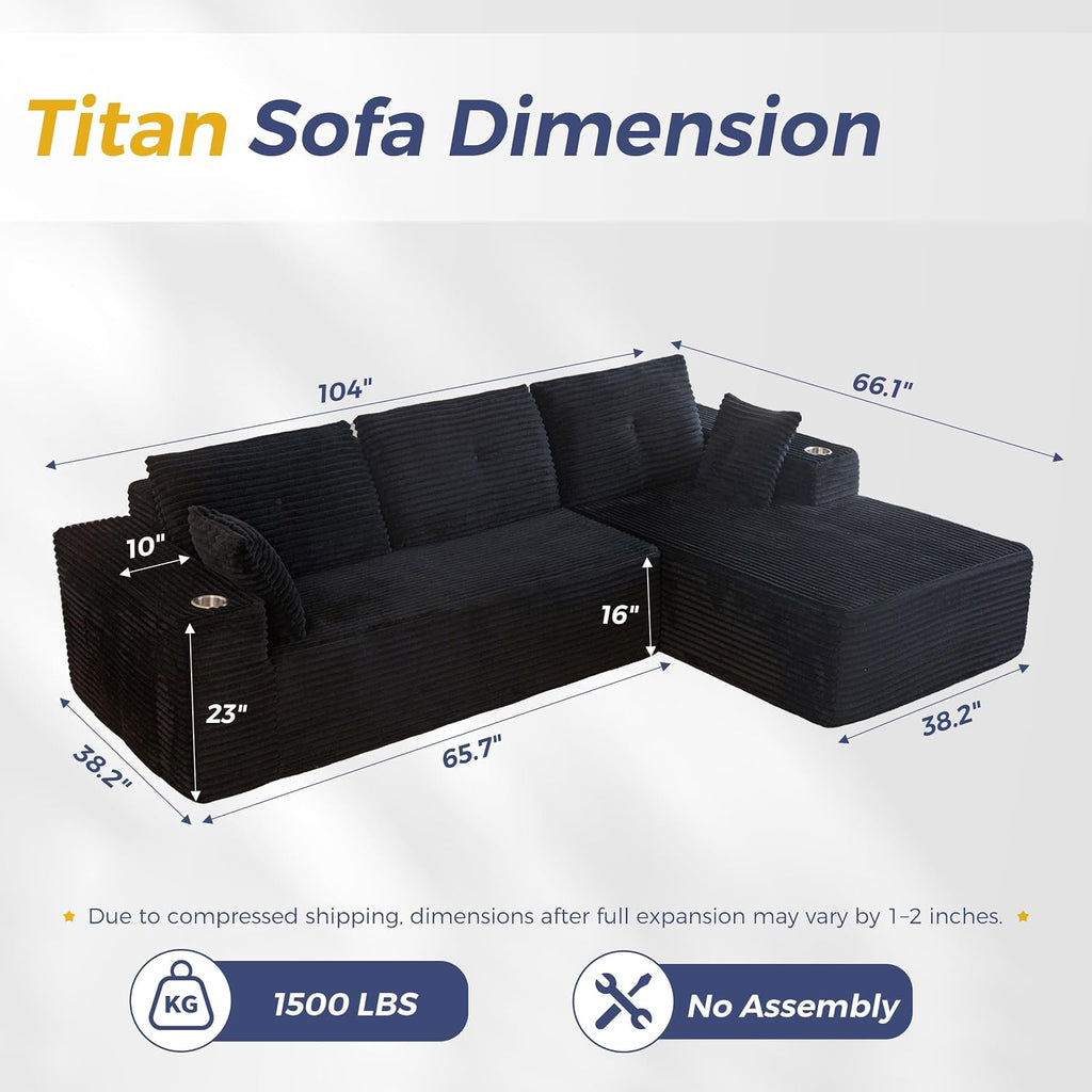 MAXYOYO 104' Modular Sectional Couch with L-Shape Chaise, Modern Boneless Couch for Living Room, Sofa in A Box, Oversized Sofa Sleeper with Deep Seat, No Assembly Required, Black