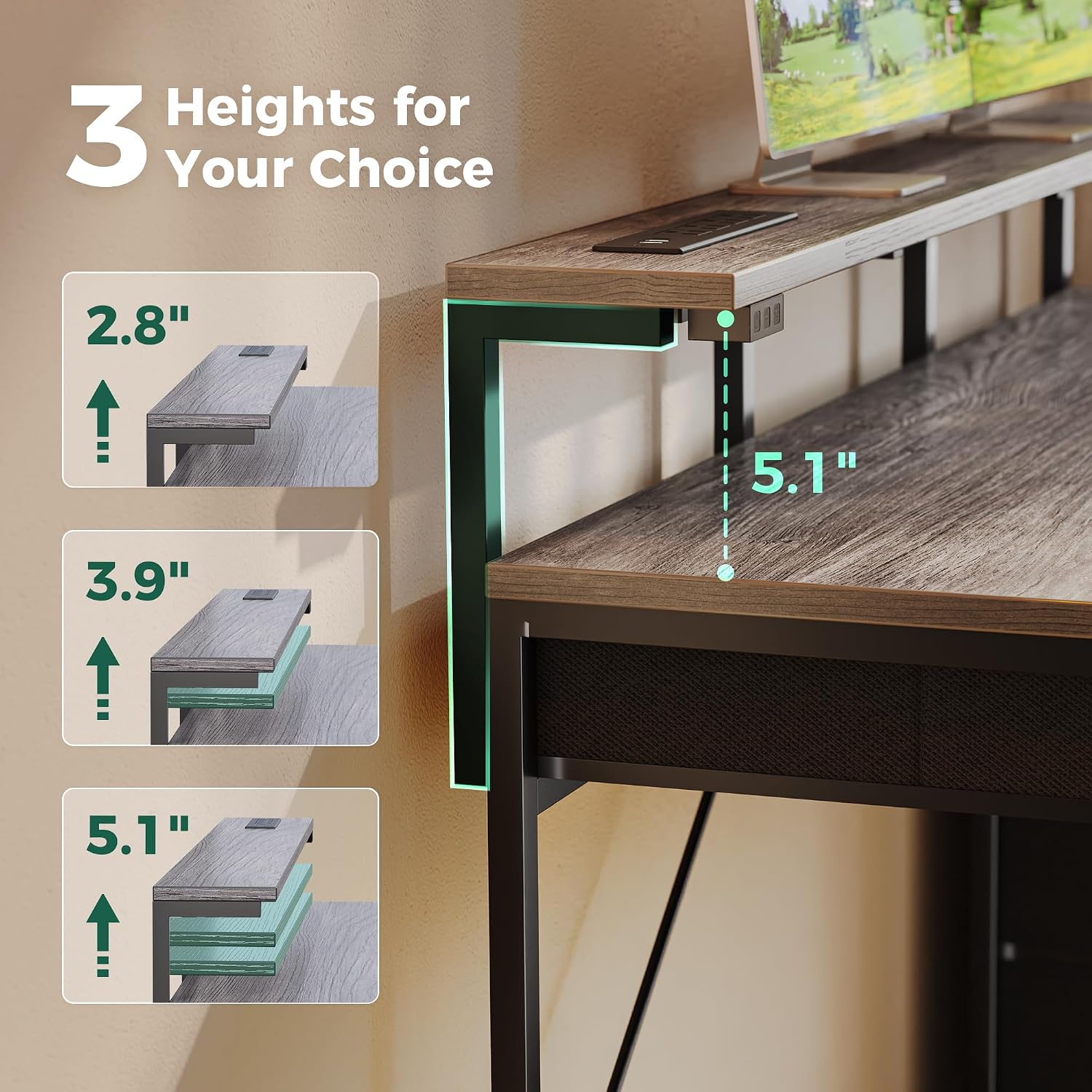 Huuger Gaming Desk with 6 Drawers, Computer Desk with LED Lights Power Outlets and Type-C, 47 Inch Office Desk with Storage, Monitor Stand, Writing Desk Work Desk for Home Office, Bedroom, Study, Grey