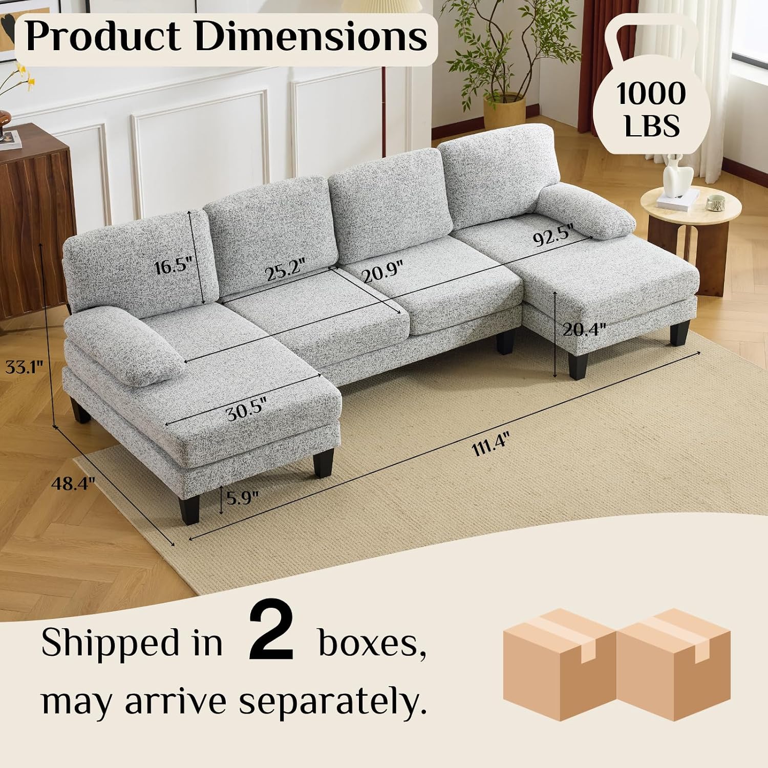 Karl home 110' U-Shape Sectional Couches for Living Room Chenille Upholstery 4 Seat Sofa Set with Double Chaises & Wood Grain Legs for Apartment, White & Grey