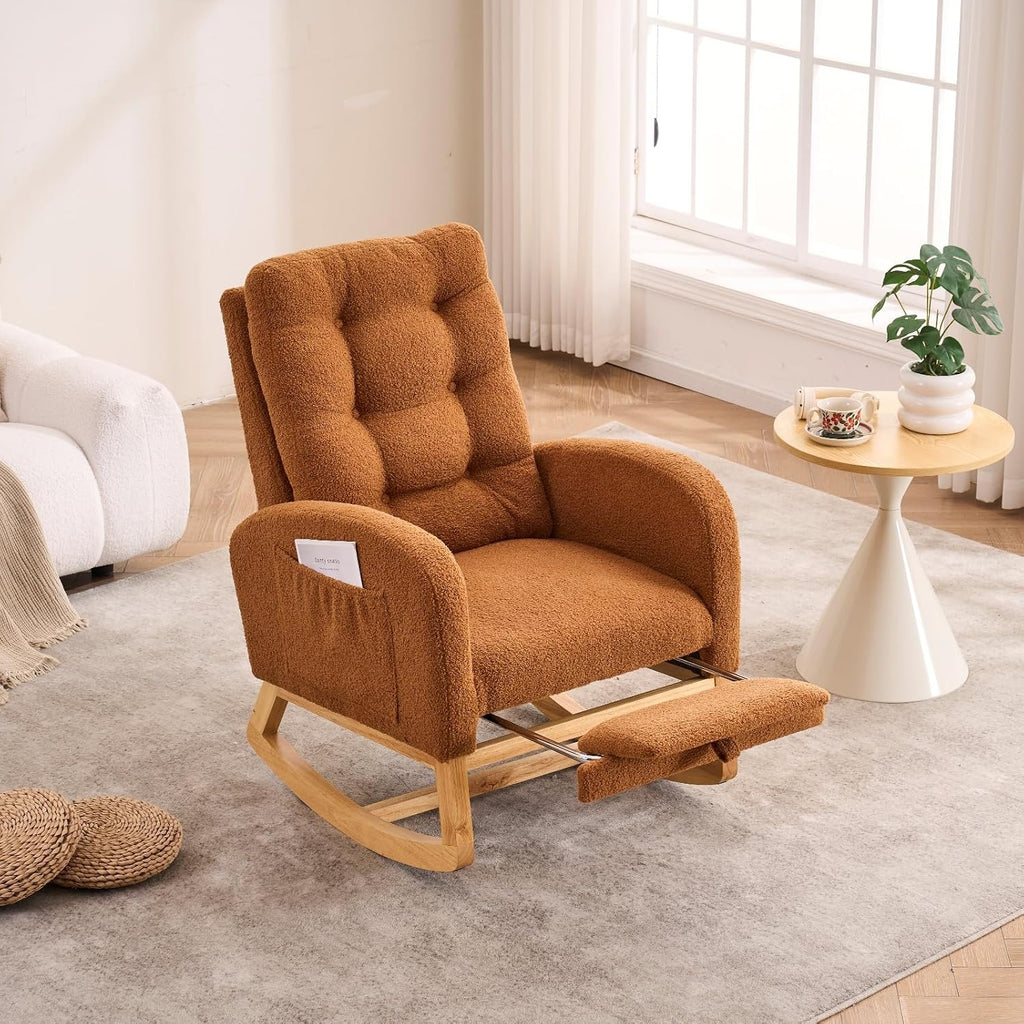 Nursery Rocking Chair with Retractable Footrest,Accent Rocker for Relaxing, Side Pocket,A+ Grade Rubber Wood,Suitable for Living Room,Bedroom and Balcony (Teddy Fleece, Caramel)