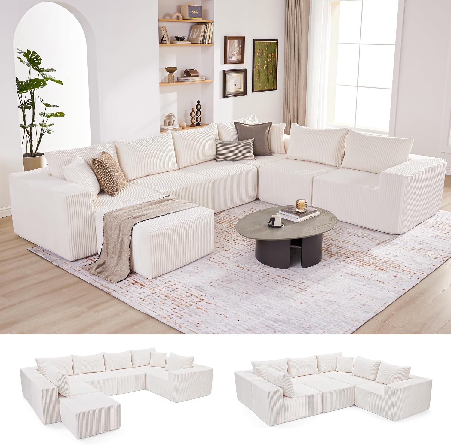 Boneless Couch, Cloud Couch Sectional, Modular Sofa with Deep Seat, Convertible Sectional Couches for Living Room, Plush Corduroy U Shaped Boneless Couch (Beige, 6 Seater & 1 Ottoman)