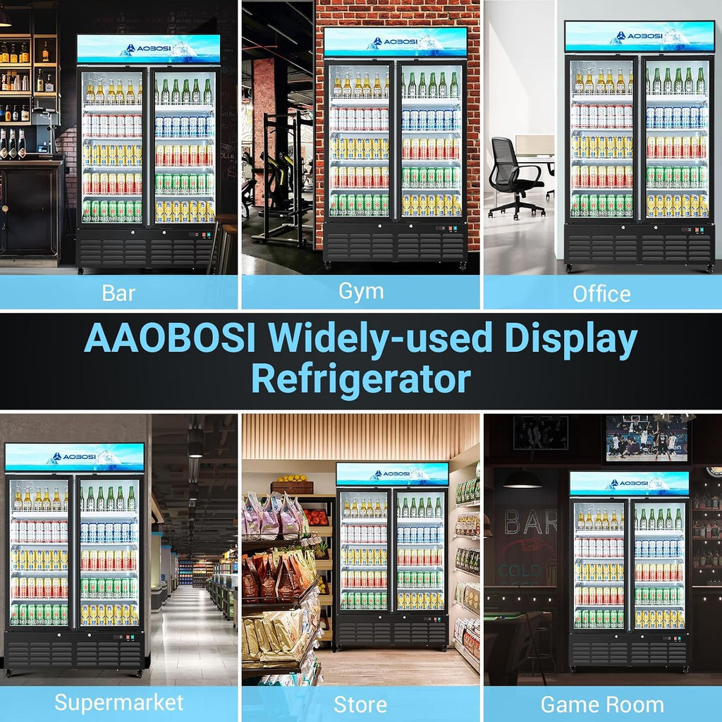 AAOBOSI 44'Commercial Merchandiser Refrigerator,27.02 Cu.Ft Glass Door Display Refrigerator,Upright Beverage Fridge with Soft LED Light,Customizable Lightbox,Universal Casters,Adjustable Shelves
