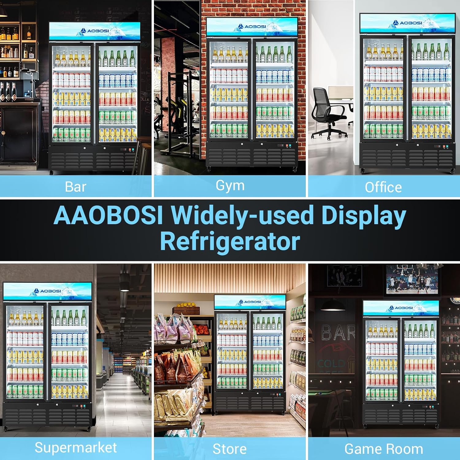 AAOBOSI 44'Commercial Merchandiser Refrigerator,27.02 Cu.Ft Glass Door Display Refrigerator,Upright Beverage Fridge with Soft LED Light,Customizable Lightbox,Universal Casters,Adjustable Shelves