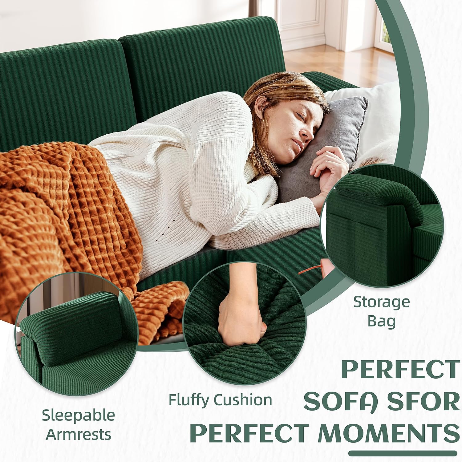 Vongrasig Convertible Sectional Couch, 3 Seat L Shaped Sofa with Removable Pillows Linen Fabric Small Modern Couch Mid Century for Living Room, Apartment and Office, Green