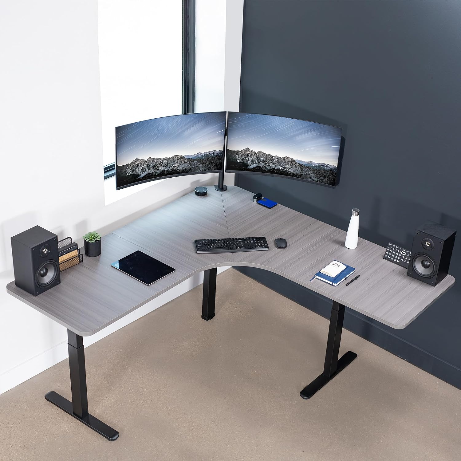 VIVO Universal 71 x 71 inch Curved Corner Table Top for L-Shape Sit to Stand Height Adjustable Home and Office 3-Leg Desk Frames, Dark Gray Desktop, DESK-TOP2CG