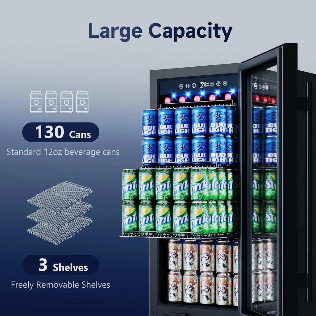 15 Inch Beverage Fridge, 132-Can Capacity Under Counter Refrigerator with Blue LED Display, Beverage Refrigerator with Glass Door & Adjustable Shelves for Home, Bar, Office (Black)