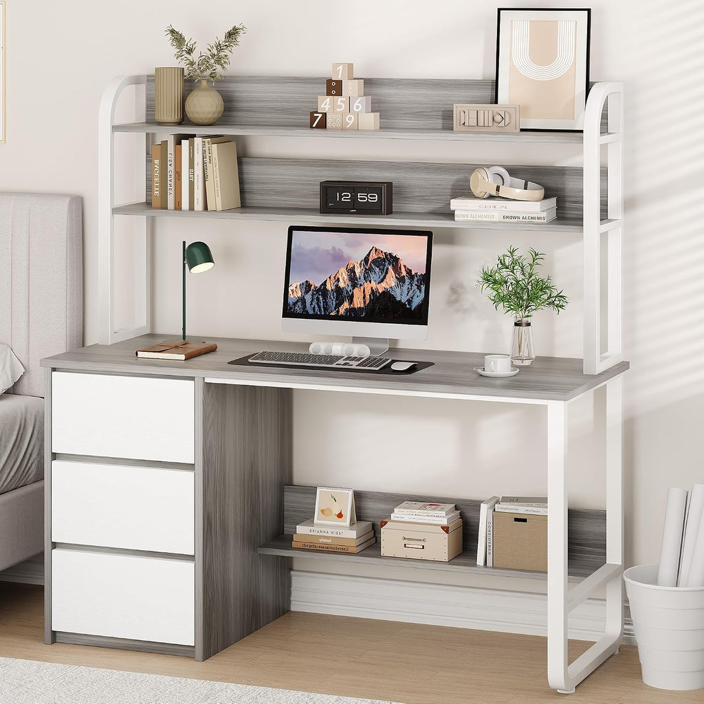 MaverickFurni Computer Desk with Hutch, 55 Inch Home Office Desk with Storage Drawers, Study Writing Desk with Shelves for Bedrrom, Adjustable Feet, Grey