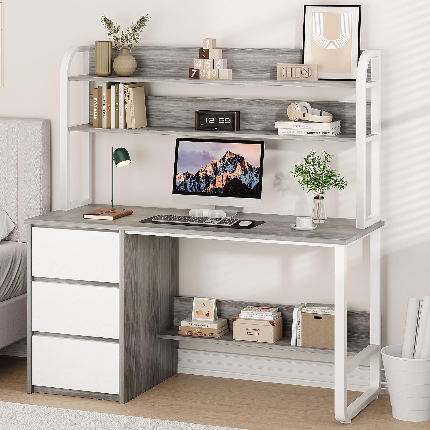 MaverickFurni Computer Desk with Hutch, 55 Inch Home Office Desk with Storage Drawers, Study Writing Desk with Shelves for Bedrrom, Adjustable Feet, Grey