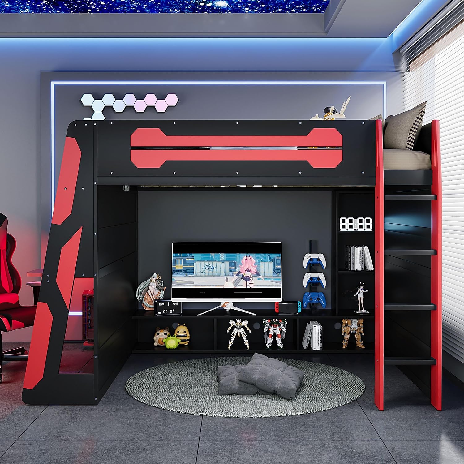 LUMISOL Full Size Gaming Loft Bed with Desk, Multi-Storage Shelves, RGB LED Lights & Built-in Charging Stations for Teens & Adults, Heavy Duty Support, Red Black