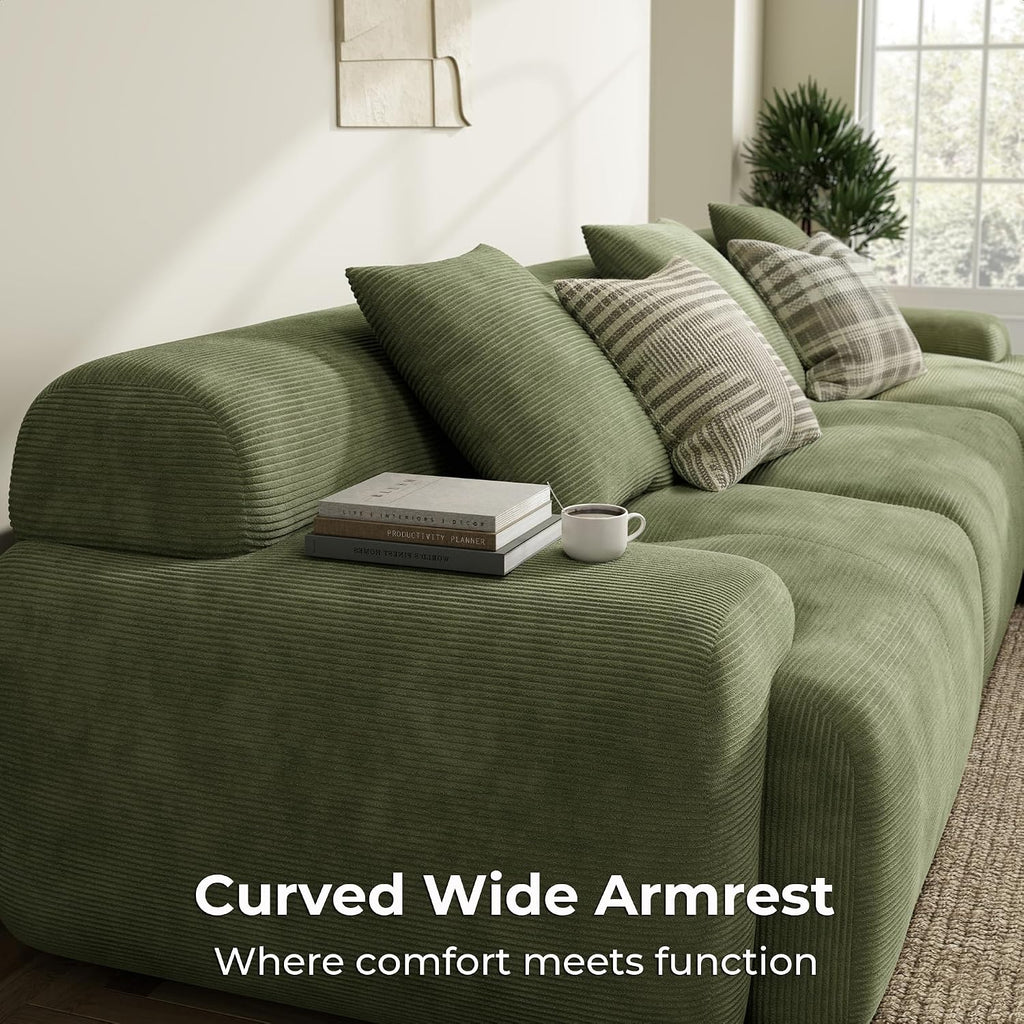 LIKIMIO LumiCord Modular Sectional Sofa with Ottoman, 118' L-Shaped Boneless Couch for Living Room, Oversized Deep Seat with Corduroy Upholstery, No Assembly Required, Olive Green
