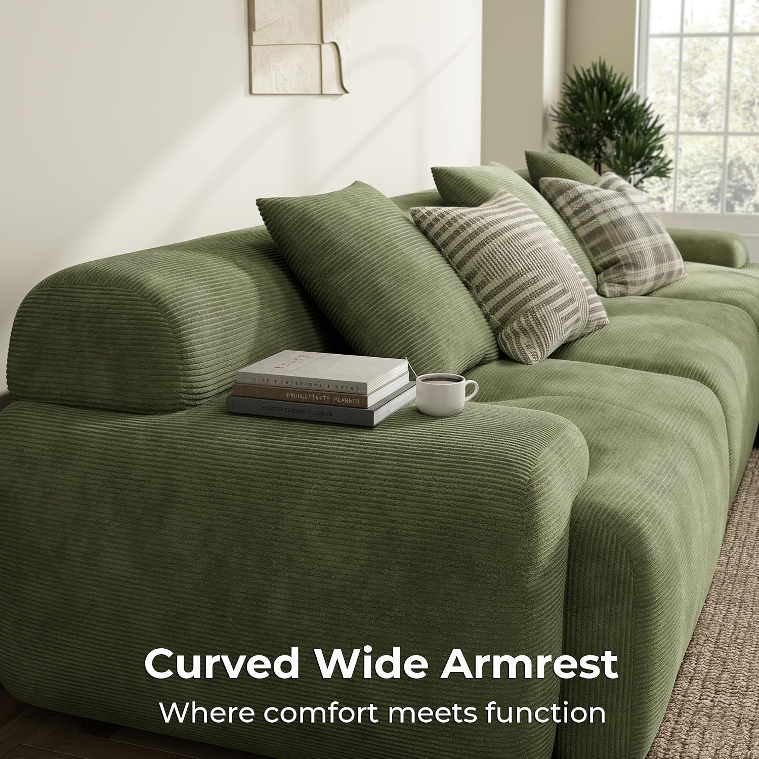 LIKIMIO LumiCord Modular Sectional Sofa with Ottoman, 118' L-Shaped Boneless Couch for Living Room, Oversized Deep Seat with Corduroy Upholstery, No Assembly Required, Olive Green