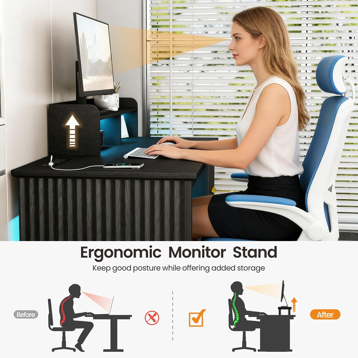 Lareth Computer Desk with Monitor Stand, 47 inch Home Office Desk with RGB LED Lights and Power Outlets, Writing Desk with Storage File Drawer for Working Gaming Writing, Black
