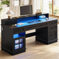 HAUOMS Farmhouse Executive Desk with Drawers Computer Desk with File Drawers, Power Outlet and Led Lights, Executive Office Desk with Storage Cabinet and Monitor Shelf for Home Office, Black