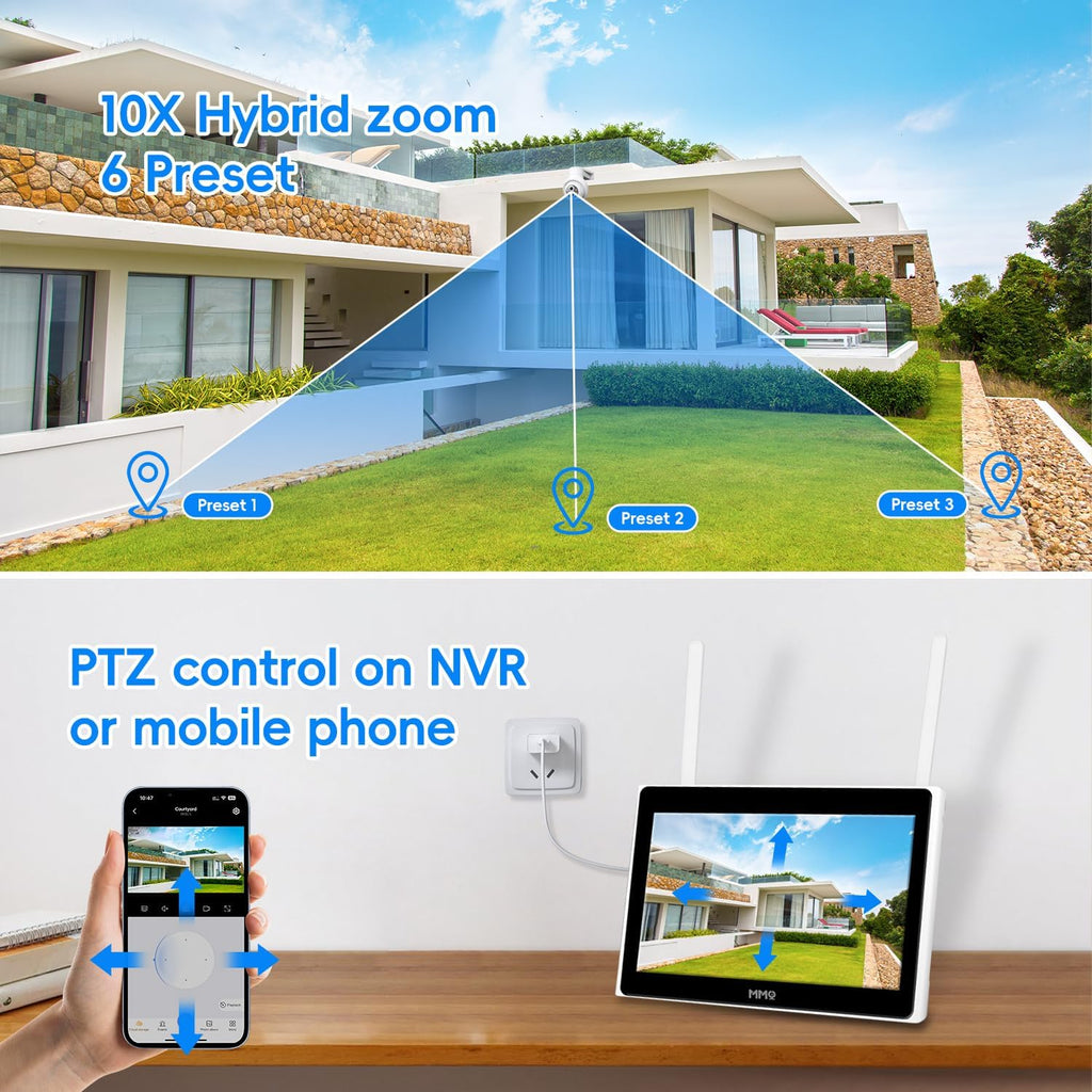 【Wireless Pro,10X Zoom】Wireless Security Camera System with 10.1inch LCD Monitor,5G/2.4G,4PCS 2K Dual Lens Outdoor Security Cameras with 1TB HDD,10CH, PTZ,Auto Tracking, Color Night Vision, 2-Way Talk