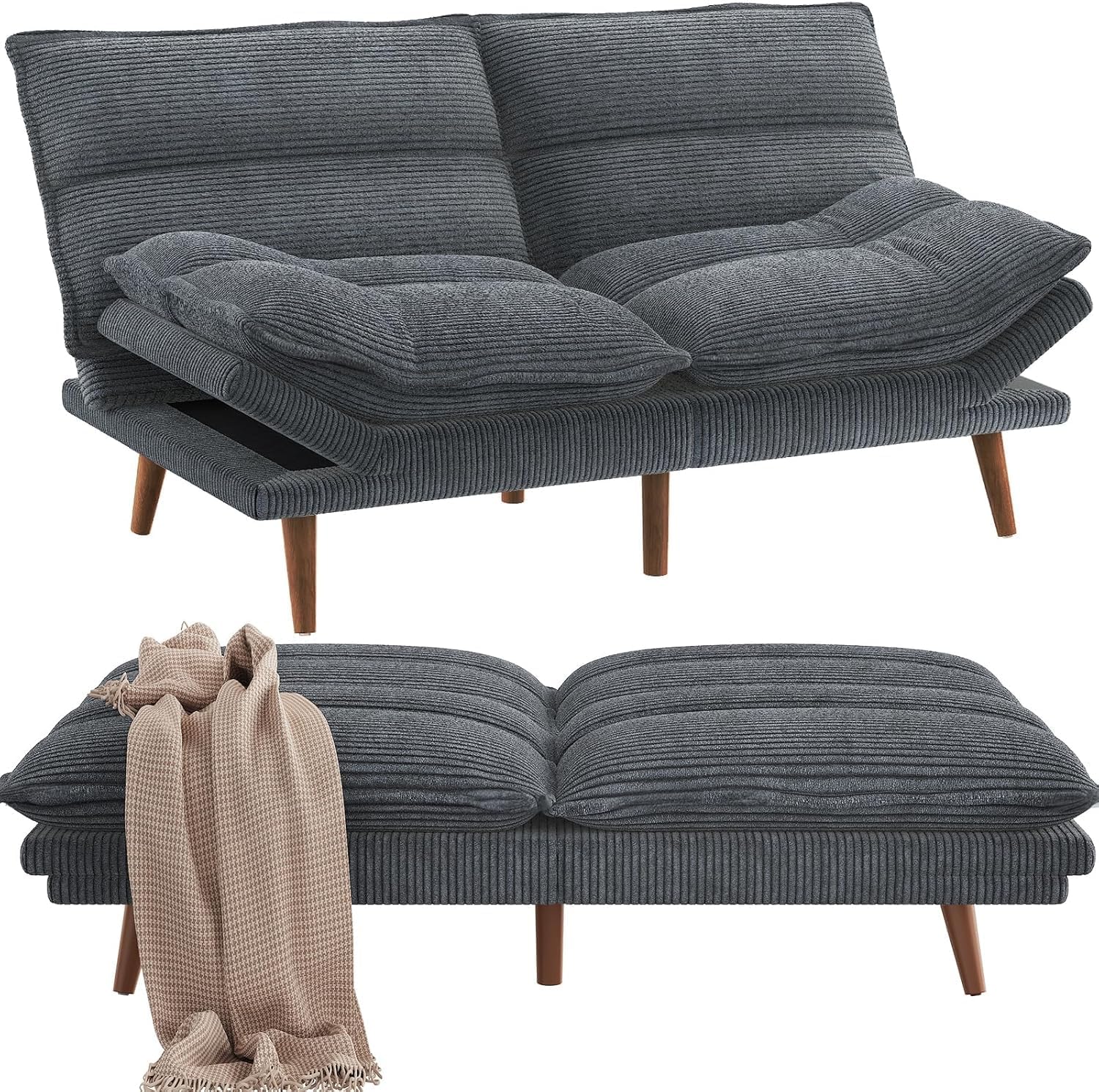 Pipishell Futon Sofa Bed, Convertible Futon Adjustable Backrest & Armrests, Corduroy Sleeper Couch for Small Spaces, Living Room, Office, Guest Room (Asphalt Grey, 66 Inch)