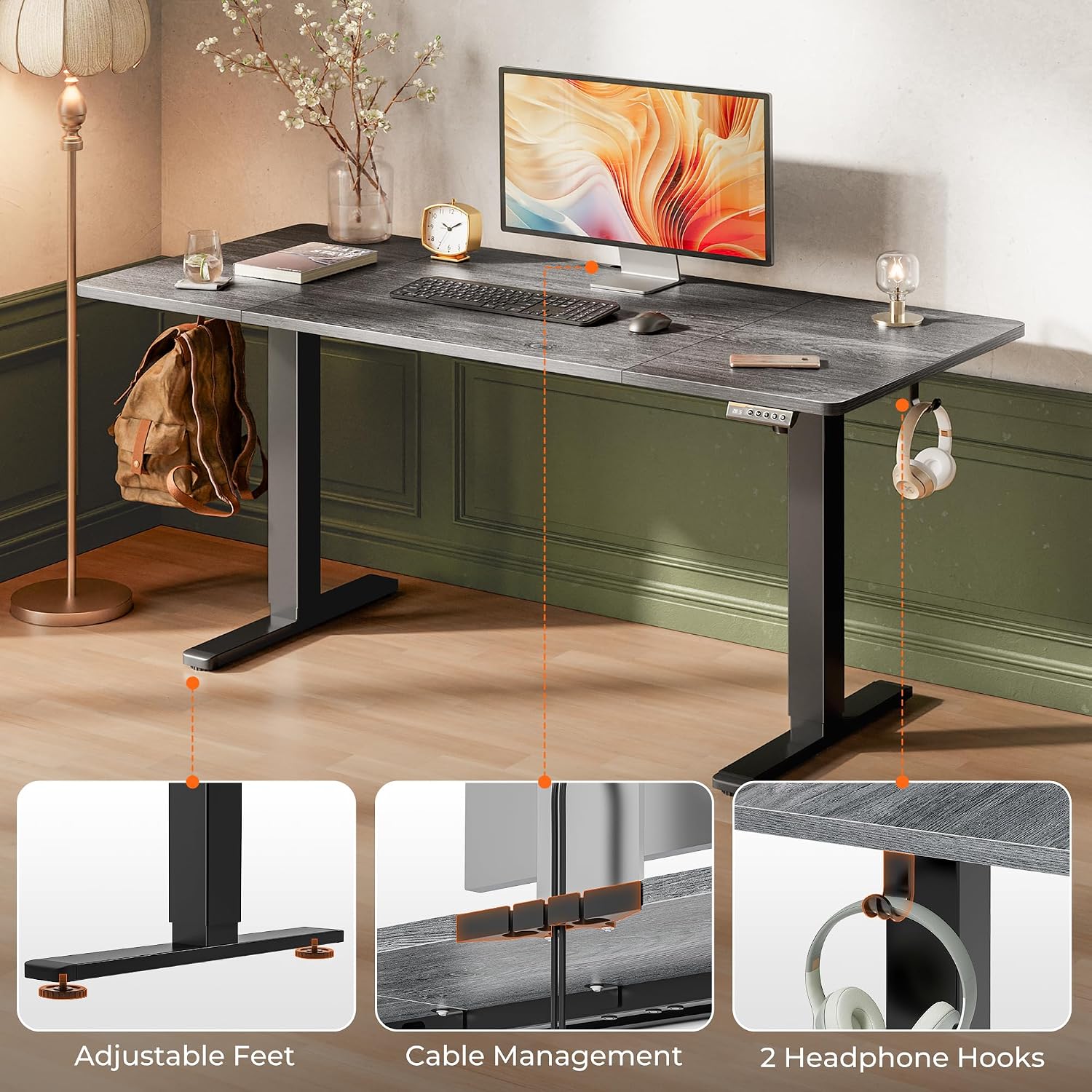 Huuger 63 x 28 Large Electric Standing Desk, Height Adjustable Computer Desk, 27.6' Deep Desktop, Stand up Gaming Office Table with 2 Hooks, 3 Preset Heights, for Home Office, Grey