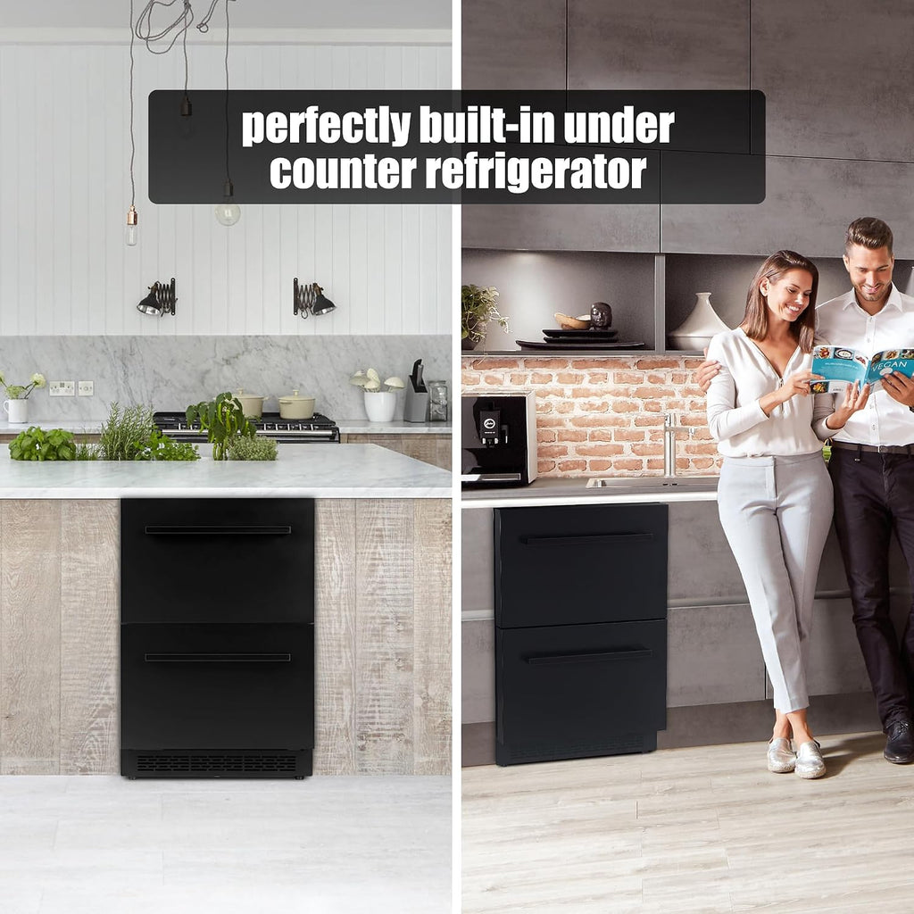 24Inch Double Drawer Refrigerator with Freezer,Under Counter Beverage Fridge for Indoor Outdoor Kitchen, Waterproof Black Stainless Steel Freezer for Freshness & Freezing Meat (-0.4℉ to 50℉)