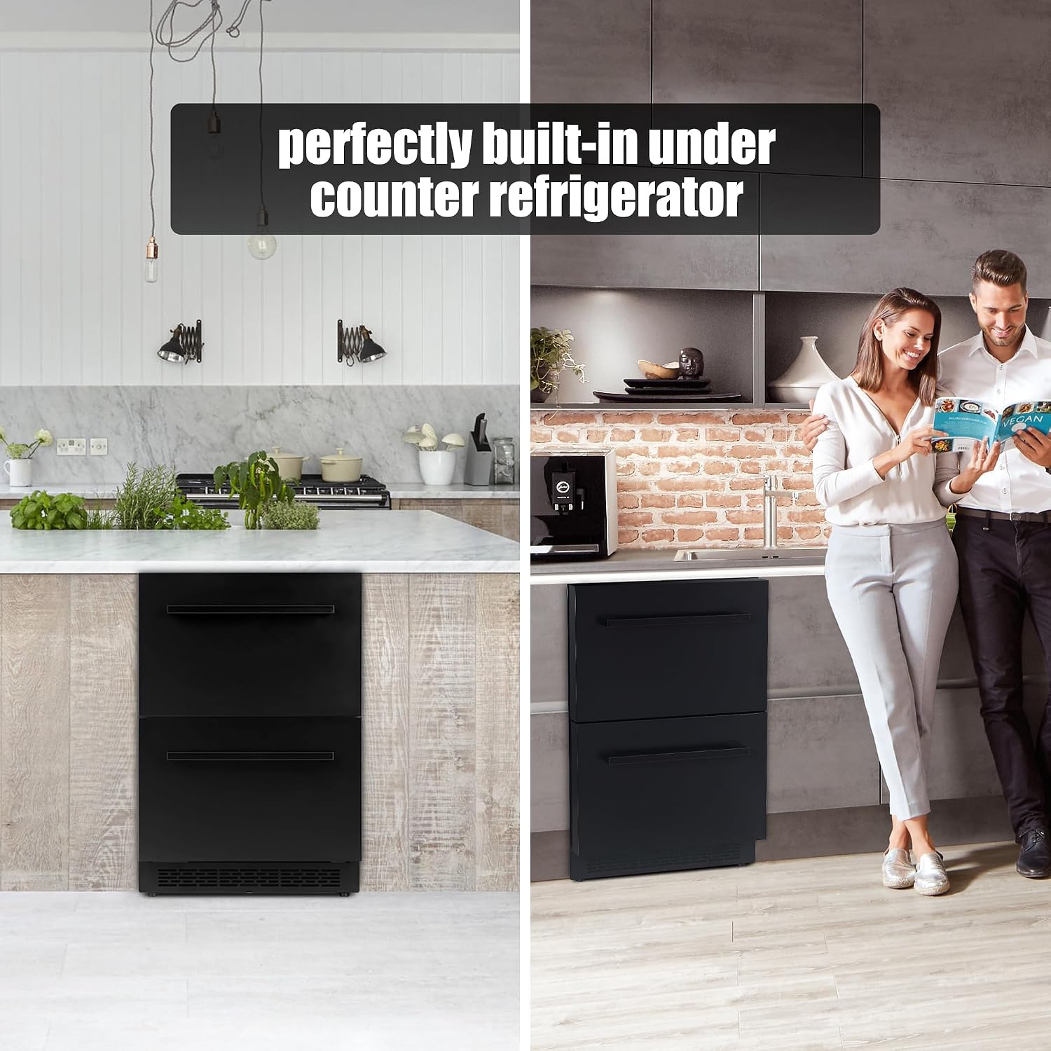 24Inch Double Drawer Refrigerator with Freezer,Under Counter Beverage Fridge for Indoor Outdoor Kitchen, Waterproof Black Stainless Steel Freezer for Freshness & Freezing Meat (-0.4℉ to 50℉)