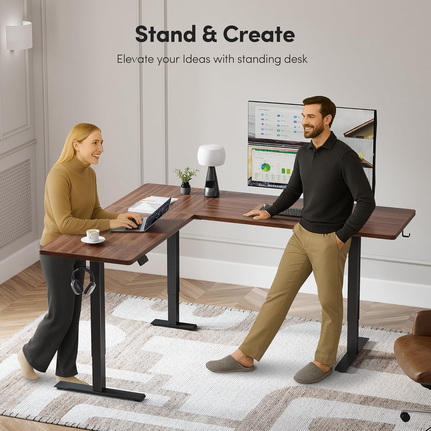FEZIBO 63' x 55'L Shaped Standing Desk Adjustable Height, 63 Inch Electric Stand up Corner Computer Desk, Sit Stand Home Office Desk with Splice Board, Black Frame/Black Walnut Top