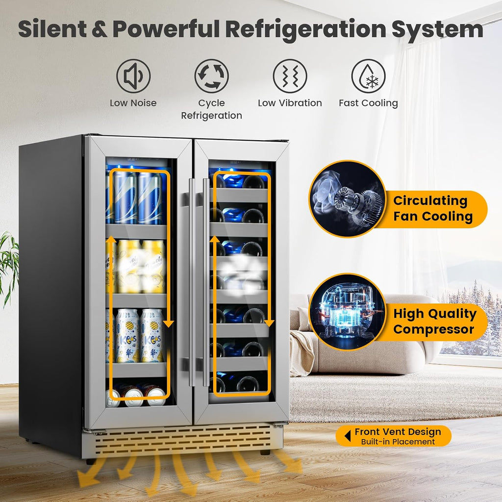 Wine and Beverage Refrigerator,24 inch Dual Zone Upgrade Compressor Wine Cooler 20 Bottle & 88 Cans,Built in or Under Counter Wine Fridge with Glass Door for Bar and Home