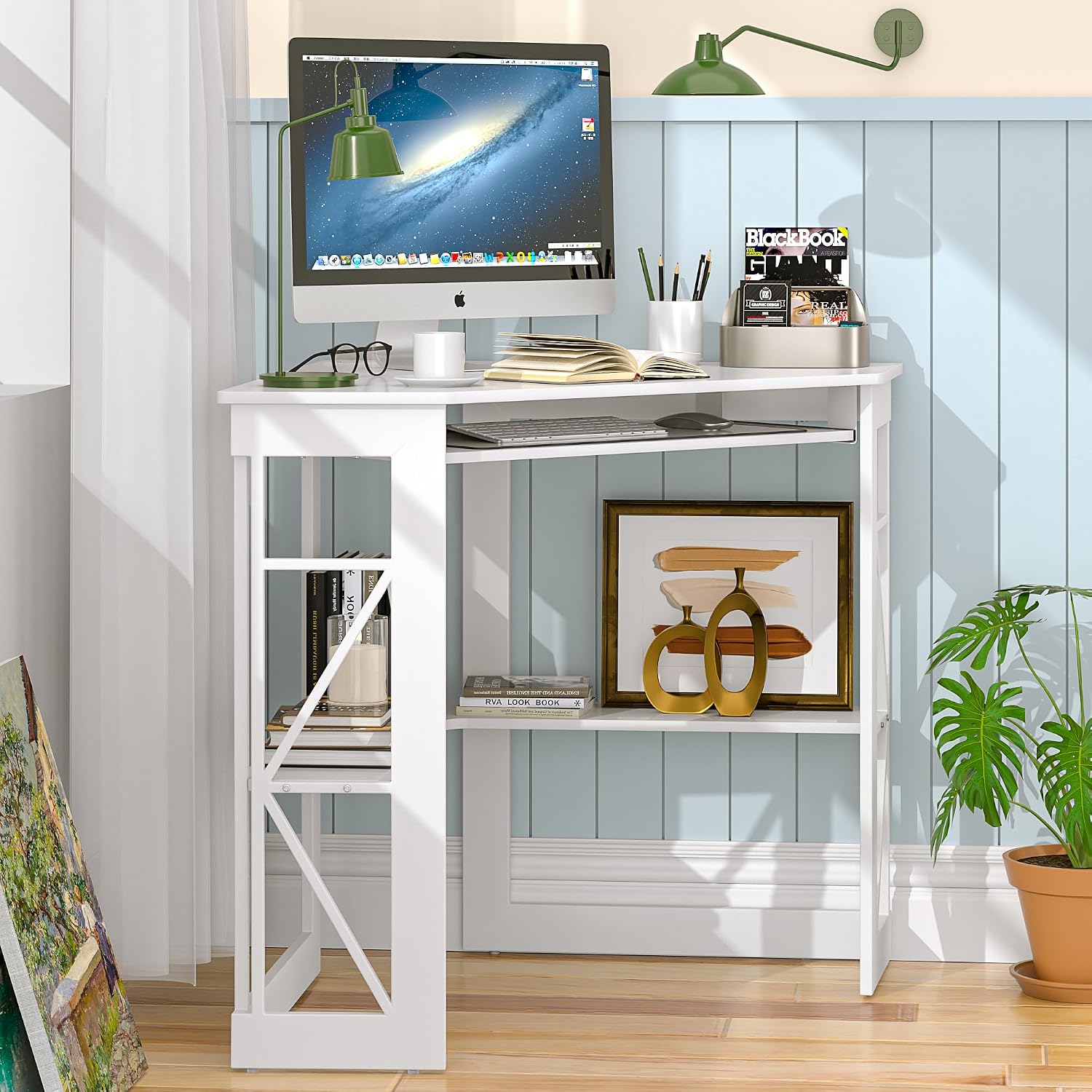 VECELO Corner Computer Desk 41x30 inch with Charging Station & Keyboard & Storage Shelves for Small Space,Triangle Table for Home Office Bedroom,White
