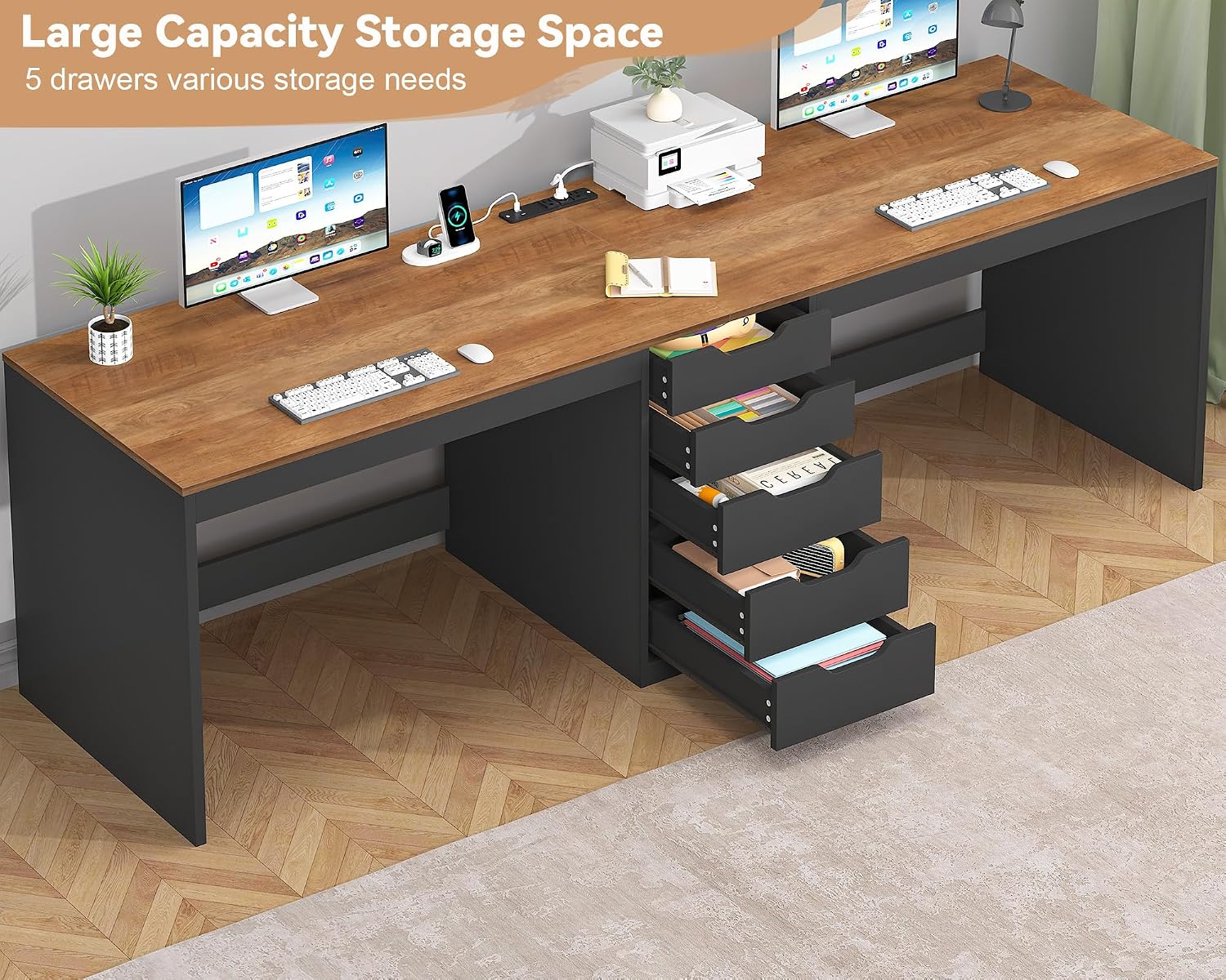 YOMILUVE 2 Person Desk with 5 Drawers and Power Outlets, 78.7 Inch Long Computer Desk with Storage File Cabinet, Two Person Home Office Double Desk with Storage, Brown and Black